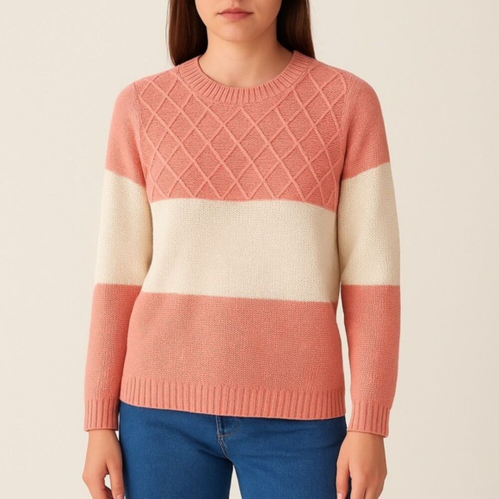 Promesa Sweater Peaches & Cream Lattice Shaker Knit Pullover Size S/M Cottage